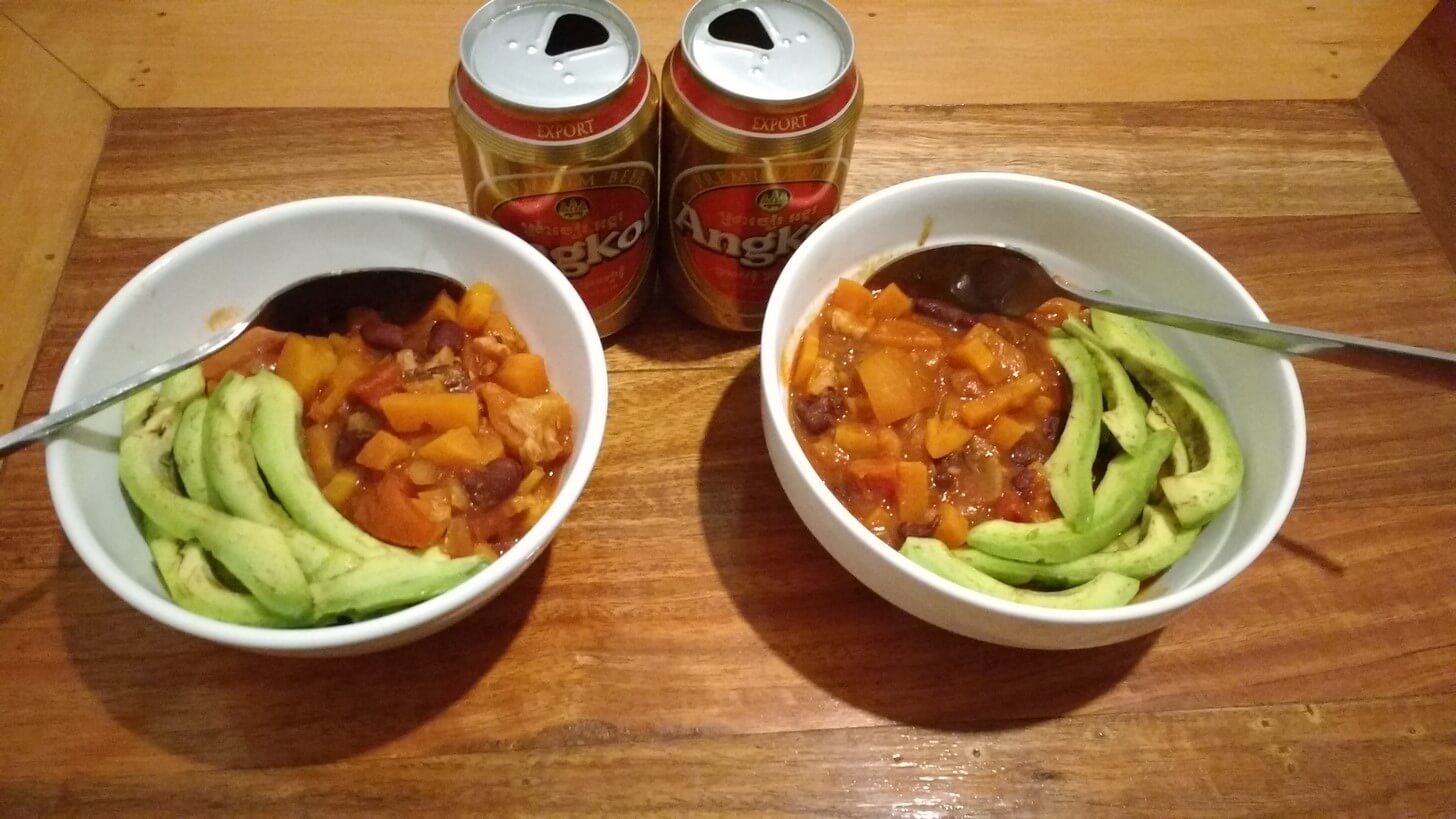 homemade chilli and Angkor beer
